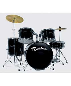 Black.A full size drum kit comprising of five drums, a cymbal set, double-braced stands, pedals and 