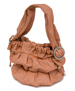 A soft apricot gateau of a bag with gently-slouching folds and sparkly diamante detail. Girly