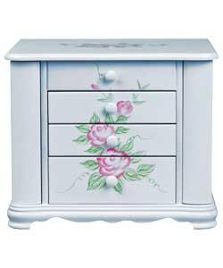 Hand painted design.Top lid with mirror.3 compartments and ring roll.2 swing out doors with hanging