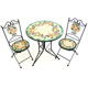 Hand cut glass tile mosaic table and 2 chair set with steel base and powder coated steel frames.
