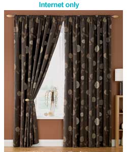 Lined curtains including tie backs.Large all over floral pattern on chocolate background.60 cotton/4