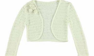 Elegant knit tape yarn bolero with rosette flower details. A sophisticated and feminine complement to your outfit. Shrug Features: Washable 65% Acrylic, 35% Polyamide Length approx. 53 cm (21 ins)