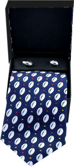 A great giftset with a rugby ball design silk tie and metal rugby ball cufflinks.