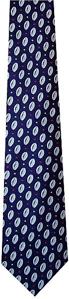 A lovely navy blue tie covered with little grey rugby balls interspersed with red and yellow dots