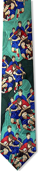 A great silk rugby tie with rugby players in red and blue on a green background