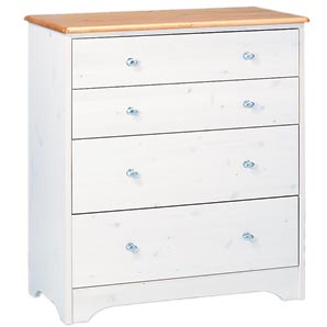 A cottage-style 5 drawer chest in solid pine, with