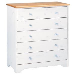 A cottage-style 5 drawer chest in solid pine, with