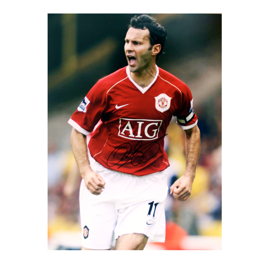 This signed Ryan Giggs photograph shows Giggs in celebrating a goal for Manchester United.The print 