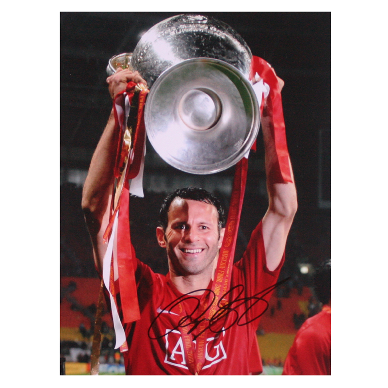 This superb print shows Ryan Giggs lifting the Champions League trophy in May 2008, after Manchester