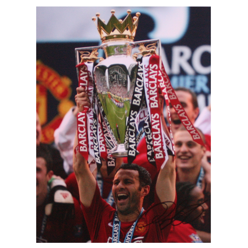 This superb print shows Ryan Giggs lifting the Premiership trophy in May 2008 for a record tenth tim
