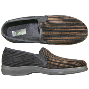 A classic full slipper from Jones Bootmaker. With twin elastic gussets to vamp and ribbed finish to 