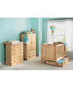 Solid Scandinavian pine in a light stain finish with routered details in doors and drawer fronts.Sui