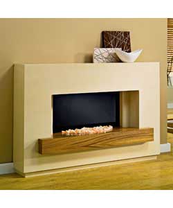 Contemporary electric fire suite.Morfell stone effect paint finished surround and walnut veneered sh