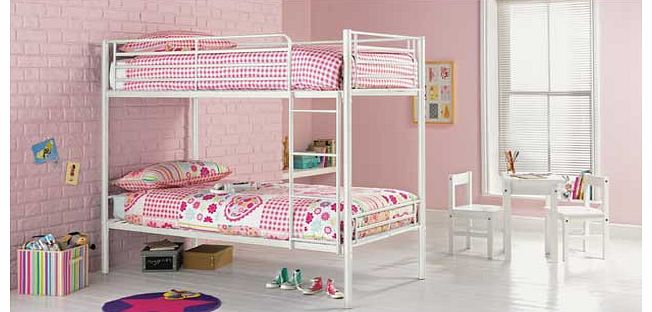 This Samuel single bunk bed frame in white is a great option when you are trying to maximise space in a bedroom. This modern set of metal bunk beds is perfect when you have two young children sharing a bedroom. or if your child loves having sleepover