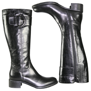 A knee length boot from Jones Bootmaker. With wide decorative strap with buckle around front, stitch