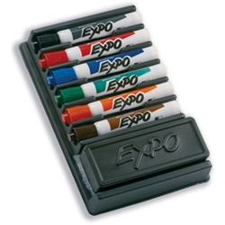 Holds six Expo wedge tipped markers and soft pile eraserBlack  blue  red  green  brown and