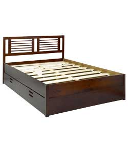Solid pine bedstead with dark brown finish. Size (W)143.5, (L)197.5, (H)95cm. Drawer size (W)57, (D)