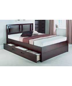 Solid pine bedstead with dark brown finish. Size (W)143.5, (L)197.5, (H)95cm. Drawer size (W)57, (D)