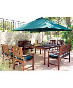 Hardwood table size (L)150, (W)150cm with parasol hole.Includes 4 armchairs and 2 benches with