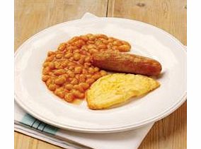 A tasty pork sausage with baked beans and a fluffy, mini omelette.