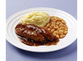 Two pork sausages in onion gravy with baked beans. Served with mashed potato.