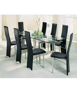Chrome coloured metal frame with a clear glass extendable table top. Size (L)140 (extends to 200),
