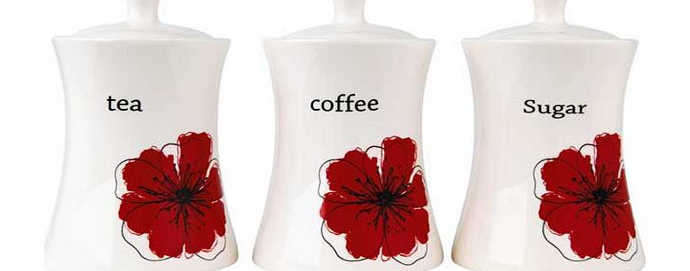 These gorgeous poppy design storage jars are a great way to brighten up your kitchen. Keep your tea. coffee and sugar fresh and easily to hand with these eye-catching jars. Set of 3. Airtight lids. Material: ceramic. Handwash only. Size H18cm. Diamet