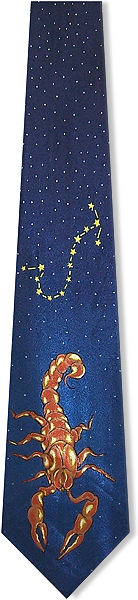 A bright Scorpio tie with a large scorpion and stars on a navy background.