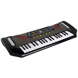An electronic keyboard with 37 keys and a black/re
