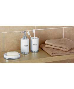 White ceramic set with black textural design and chrome effect trim.Comprises toothbrush holder/tumb