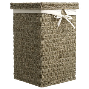 A square seagrass linen basket with a removable, washable drawstring cotton lining