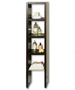 Floor standing storage shelf unit in dark veneer.