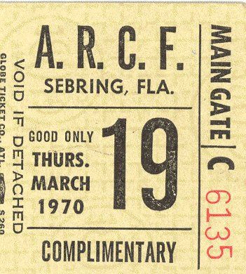 Sebring 1970 Gate 19 Ticket Stubb