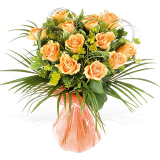 12 large orange roses handtied in a modern style with buplerum vari pitto and phionix palm finished 