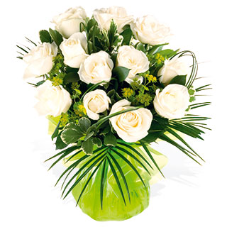 12 large white roses handtied in a modern style with buplerum vari pitto and phionix palm finished w