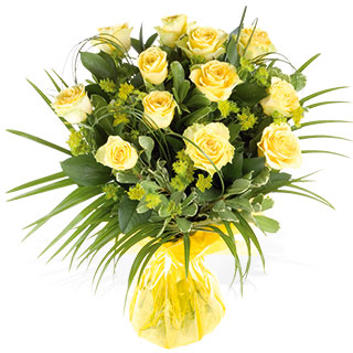 12 large yellow roses handtied in a modern style with buplerum vari pitto and phionix palm finished 