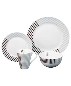 4 place settings.Black, grey and white stripe pattern.Set contains 4 dinner plates, 4 side plates, 4