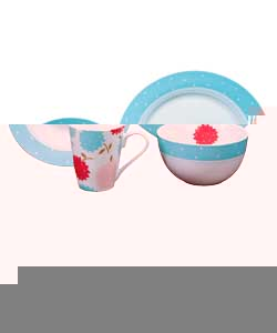 4 place settings.Micro dot pattern with floral pattern on the mug in aqua, white, red, pink and mint