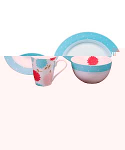 4 place settings.Micro dot pattern with floral pattern on the mug in aqua, white, red, pink and mint