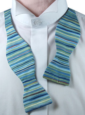 A funky self-tie bow tie with blue, green and brown vertical stripes all over.
