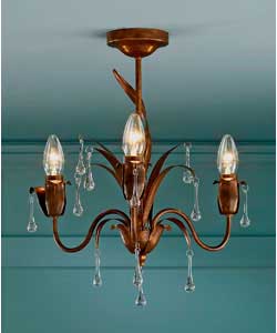 Brushed bronze and dark gold finish semi-flush fitting with clear glass droplets.IP20 rating.Drop 44