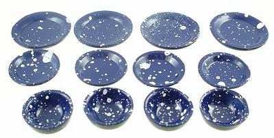 Set of 12 1:12 Scale Blue Speckled Design Metal Serving Plates and Bowls