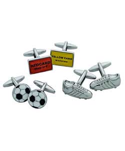 Metal based rhodium plated.Football, football boot and yellow and red card.