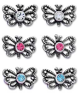 Set of 3 Sterling Silver Butterfly Stud Earrings