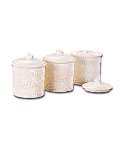 Set Of 3 White Embossed Storage Jars