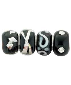 Unbranded Set of 4 Black and White Glass Beads with Sterling Silver