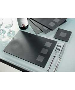 Natural slate. Finished with a smooth edge and cushioned feet to protect your table. Naturally heat 
