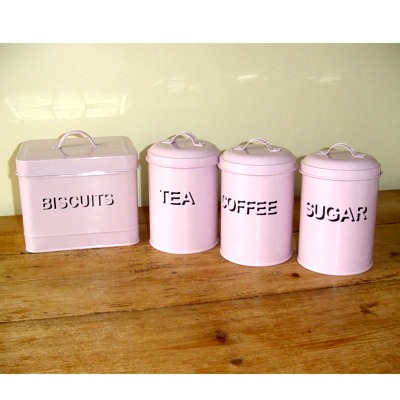 Pink shabby chic Set of Tea Coffee & Sugar Canisters plus a matching Biscuit Tin & Letter rack