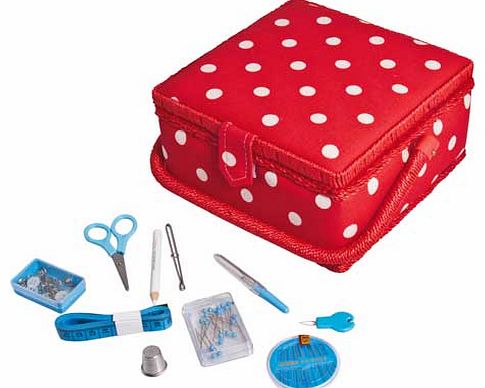 Red polka dot sewing box with removable. internal storage tray with compartments. Comes complete with accessories such as scissors. thread. seam ripper and much more. Includes: removable internal plastic storage tray. scissors. assorted sewing thread