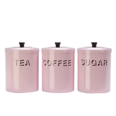 Pink Canisters Set Of  3, Tea, Coffee and Sugar each 14 x 10 cm  Made in the UK - not imported